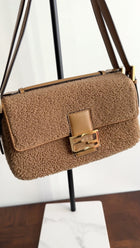 Fendi Brown Shearling Double Flap Baguette Bag