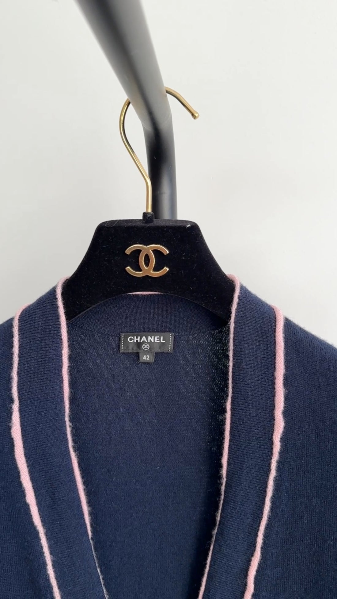 Chanel 21S Navy and Pink No. 5 Cashmere Cardigan Sweater - FR42 / 10