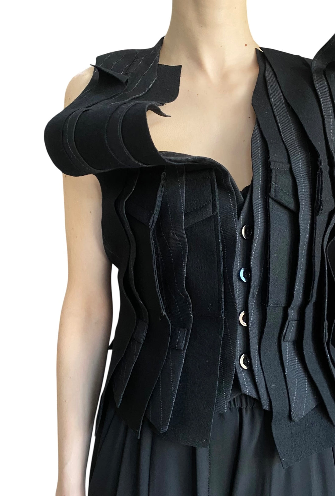 Sacai Charcoal Asymmetrical Pinstripe Patchwork Vest - JP 2 / US 4-6