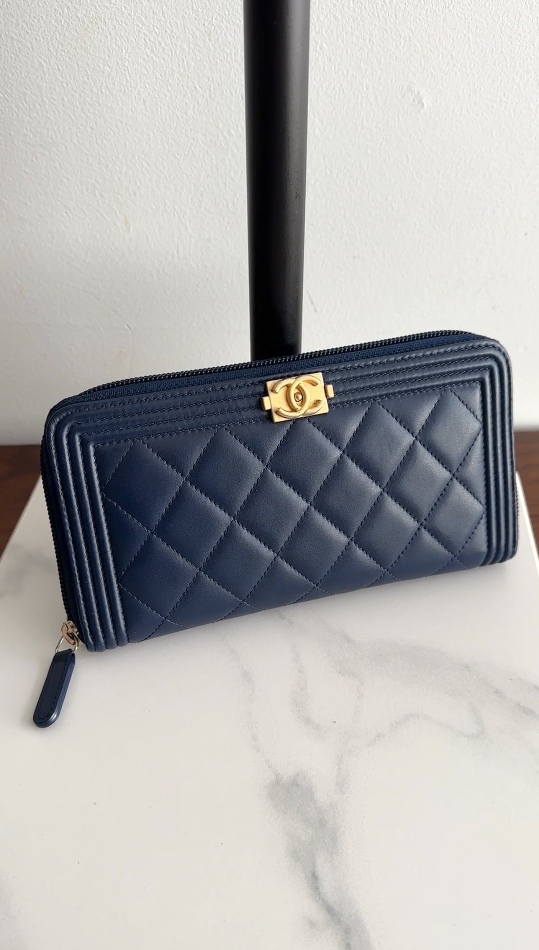 Chanel Dark Blue Lambskin Quilted Boy Zip Around Continental Wallet