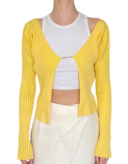 Jacquemus Yellow “La Maille Pralù” Rib Knit Logo Hardware Cardigan - IT 38 / US 2-4