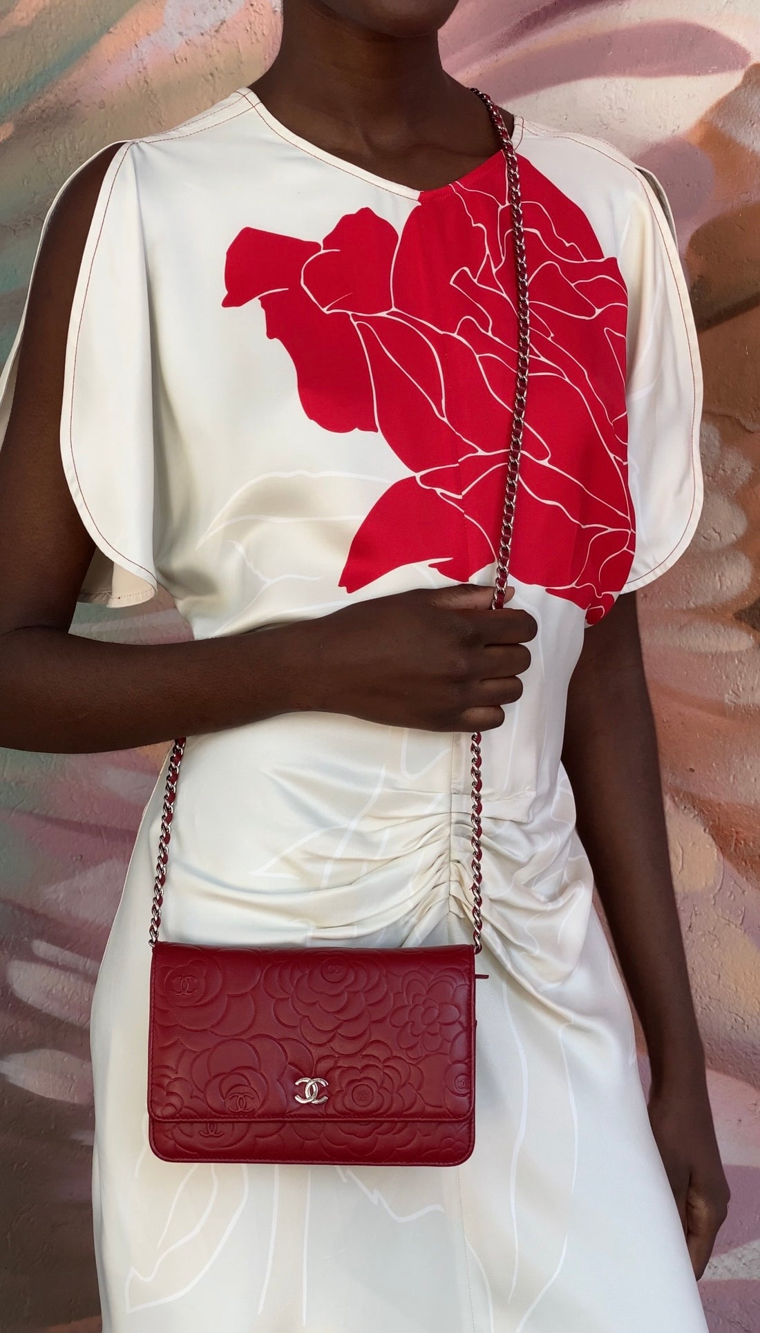 Chanel Red Embossed Leather Camelia Wallet on Chain WOC SHW