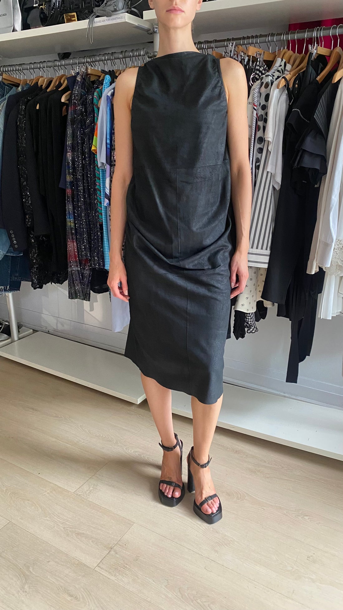 Rick Owens Black Island SS13 Leather Smocked Draped Dress - IT 42 / US 8