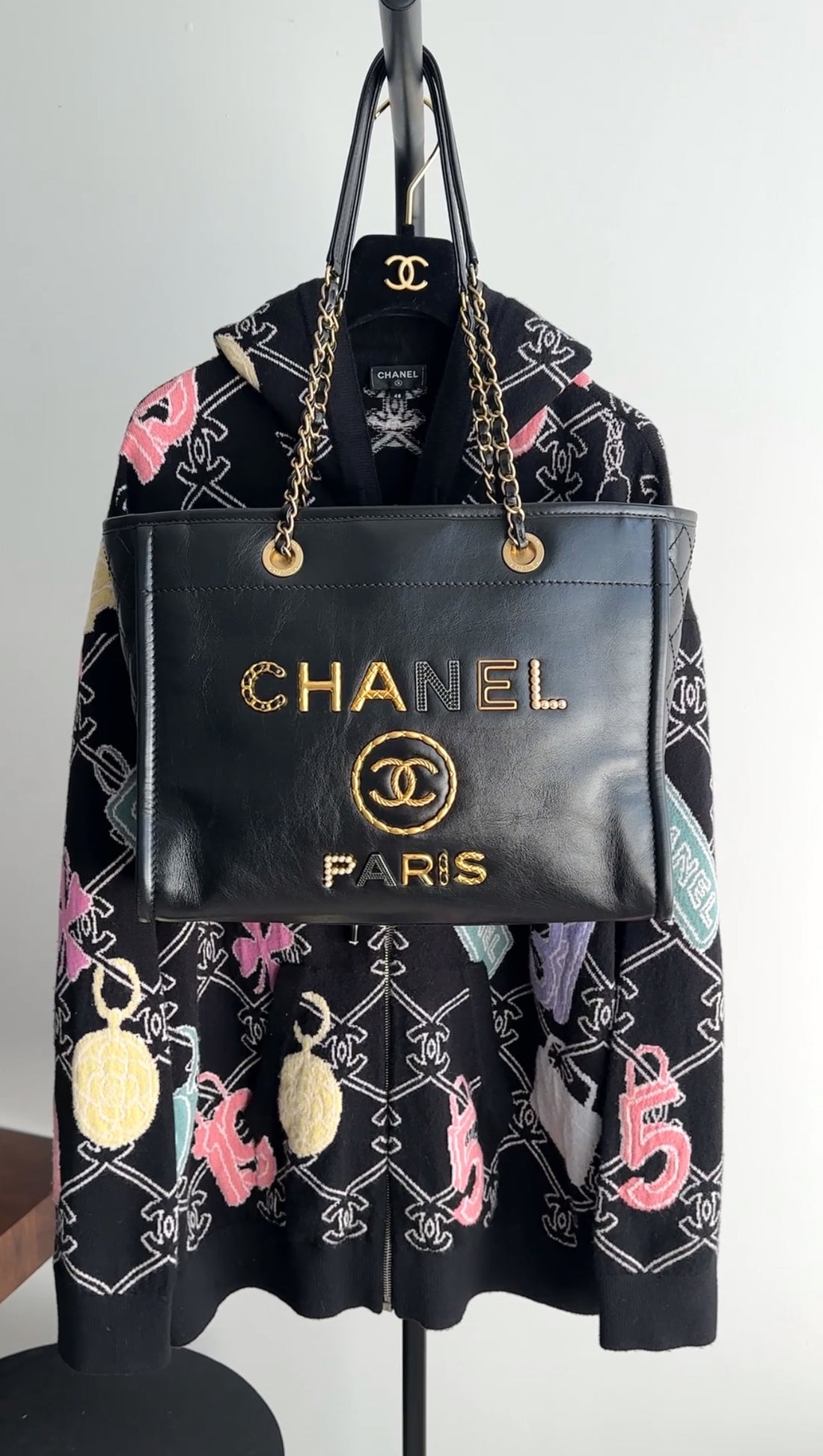 Chanel Black Leather Small Charms Deauville Tote Bag