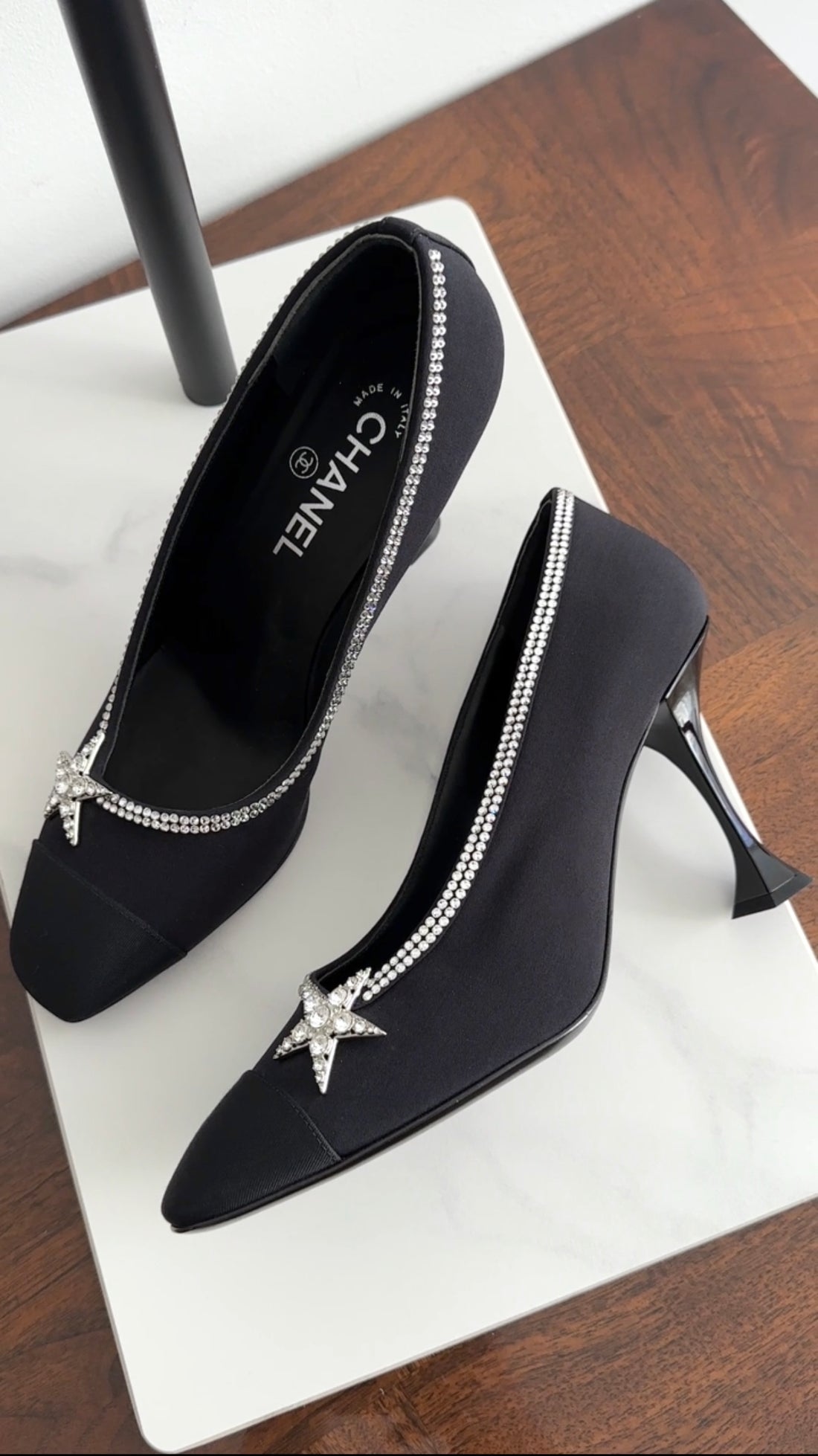 Chanel Black Fabric Pumps with Crystal Star Strass Trim - 40C