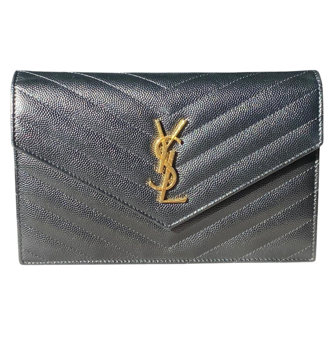 Saint Laurent Black Cassandre Grain de Poudre Chevron Wallet on Chain