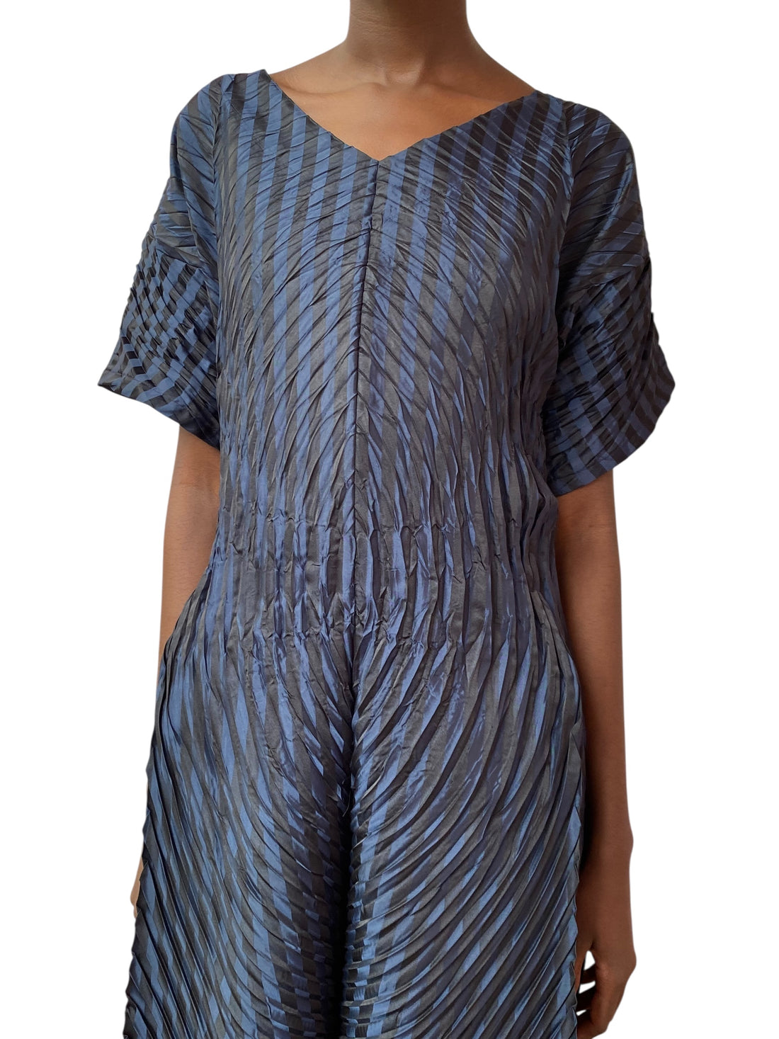 Issey Miyake Navy Striped Pleated Dress