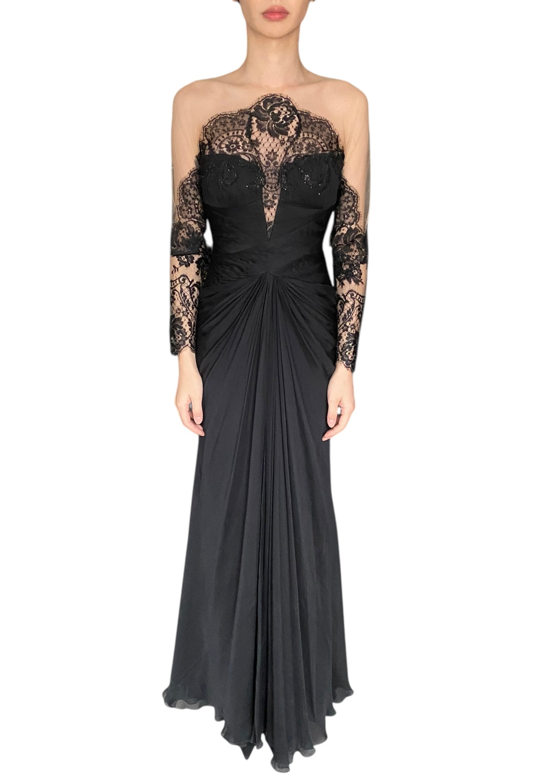 PAVONI Black Sheer Silk Chiffon / Illusion Lace Ruched Evening Gown