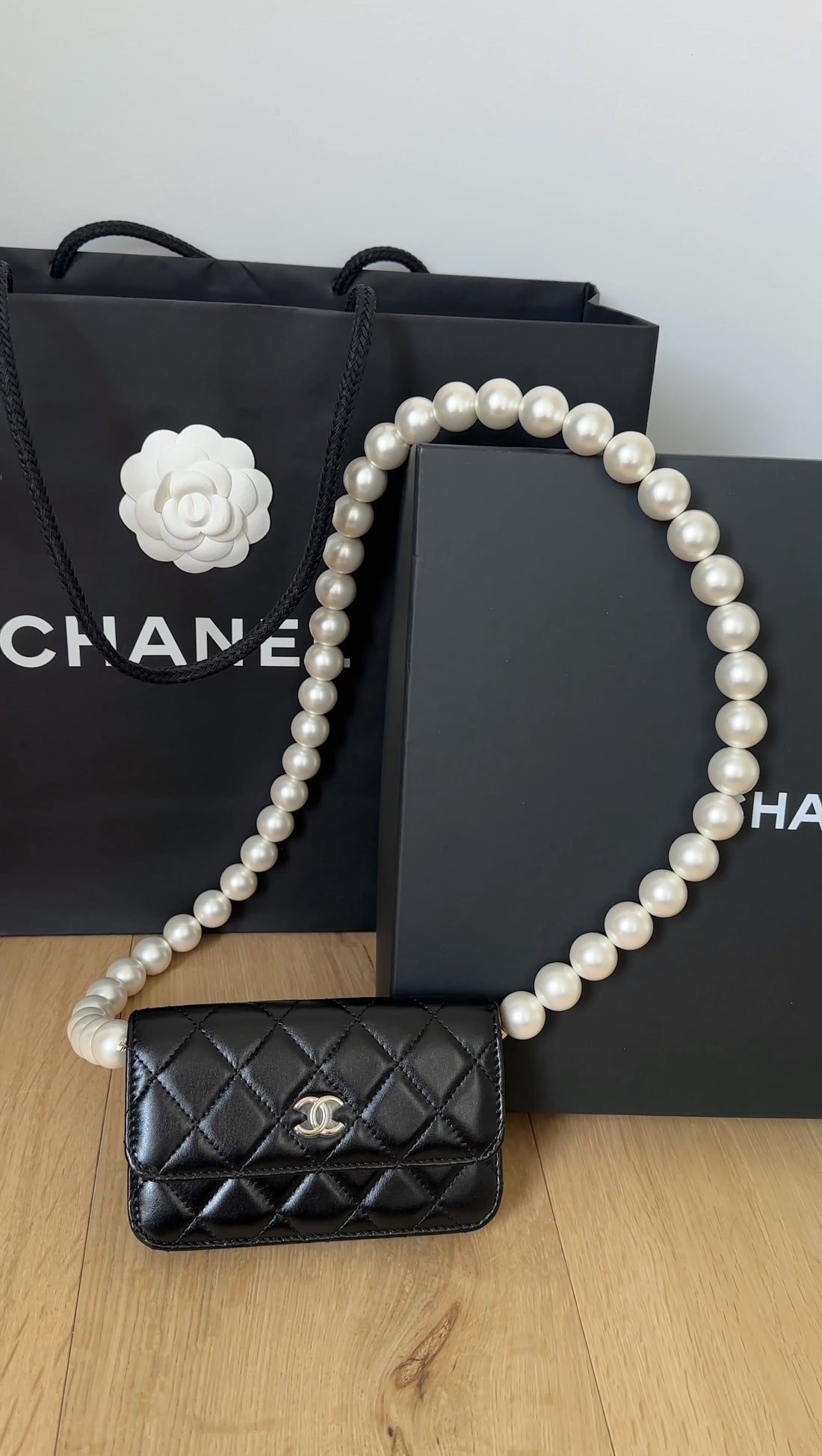 Chanel Black Leather Mini Lambskin Maxi Pearls Clutch on Chain