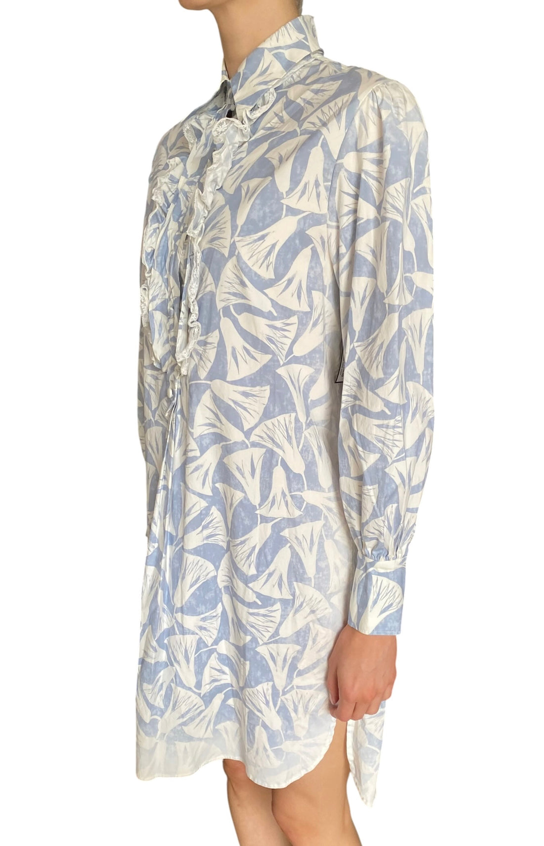 Prada Blue Cotton Papyrus Motif Ruffle Mini Dress - IT 38 / US 4