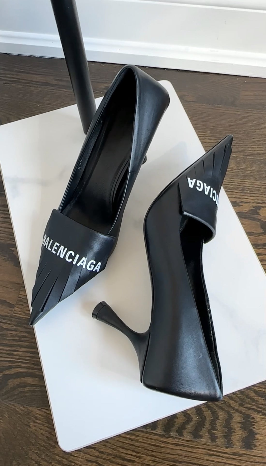 Balenciaga Black Leather Fringe Logo Knife Pump - 37