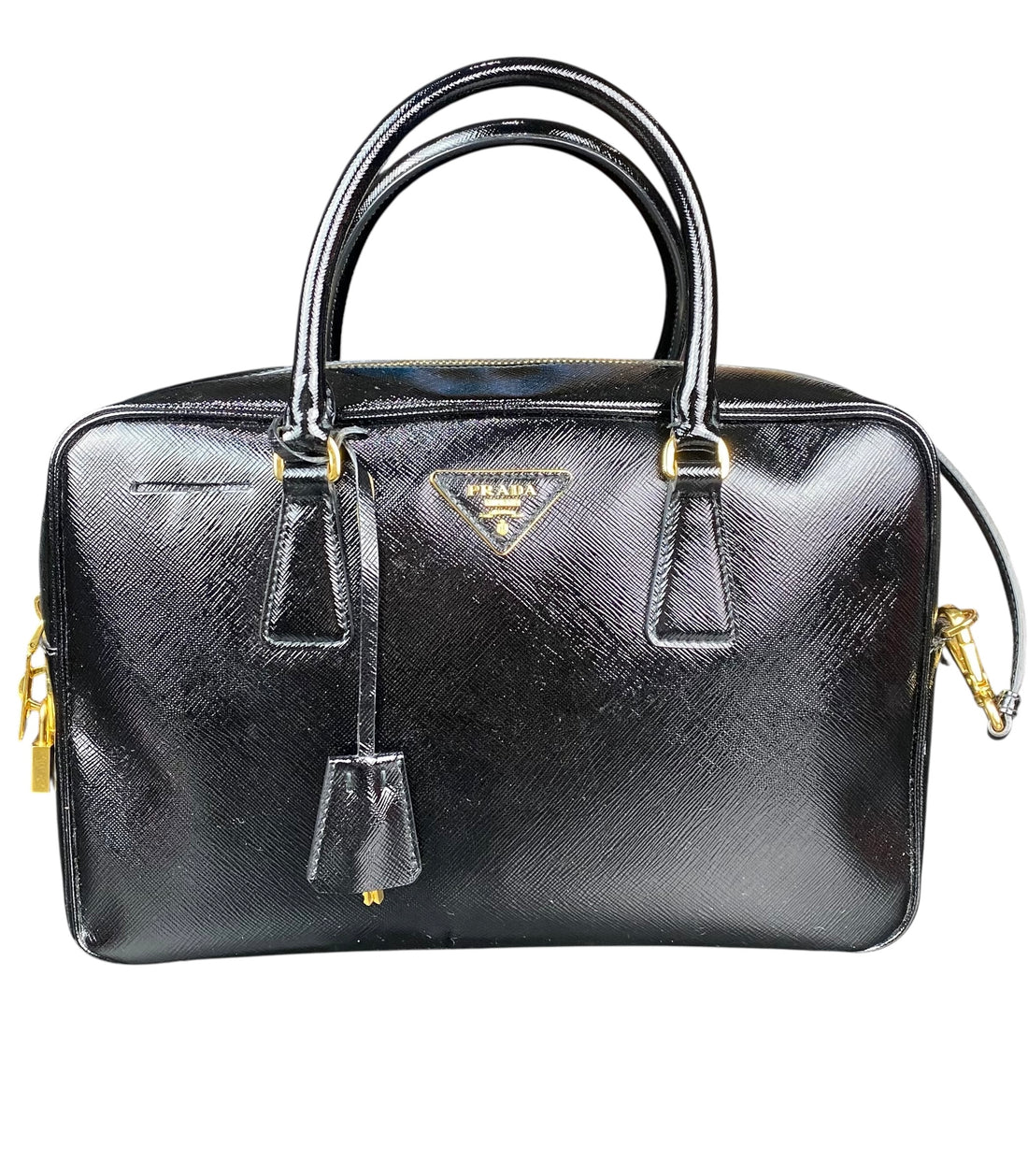 Prada Black Saffiano Vernice Bauletto Crossbody Bag