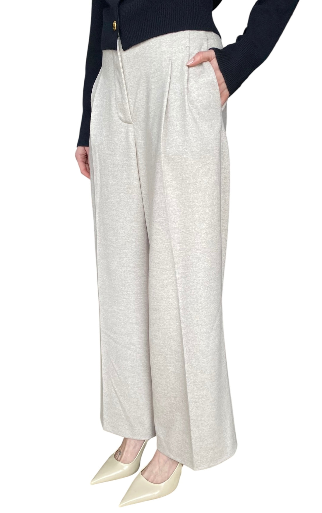 Iris Von Arnim Oatmeal Beige Wool Pleated Wide Leg Trousers  - 36