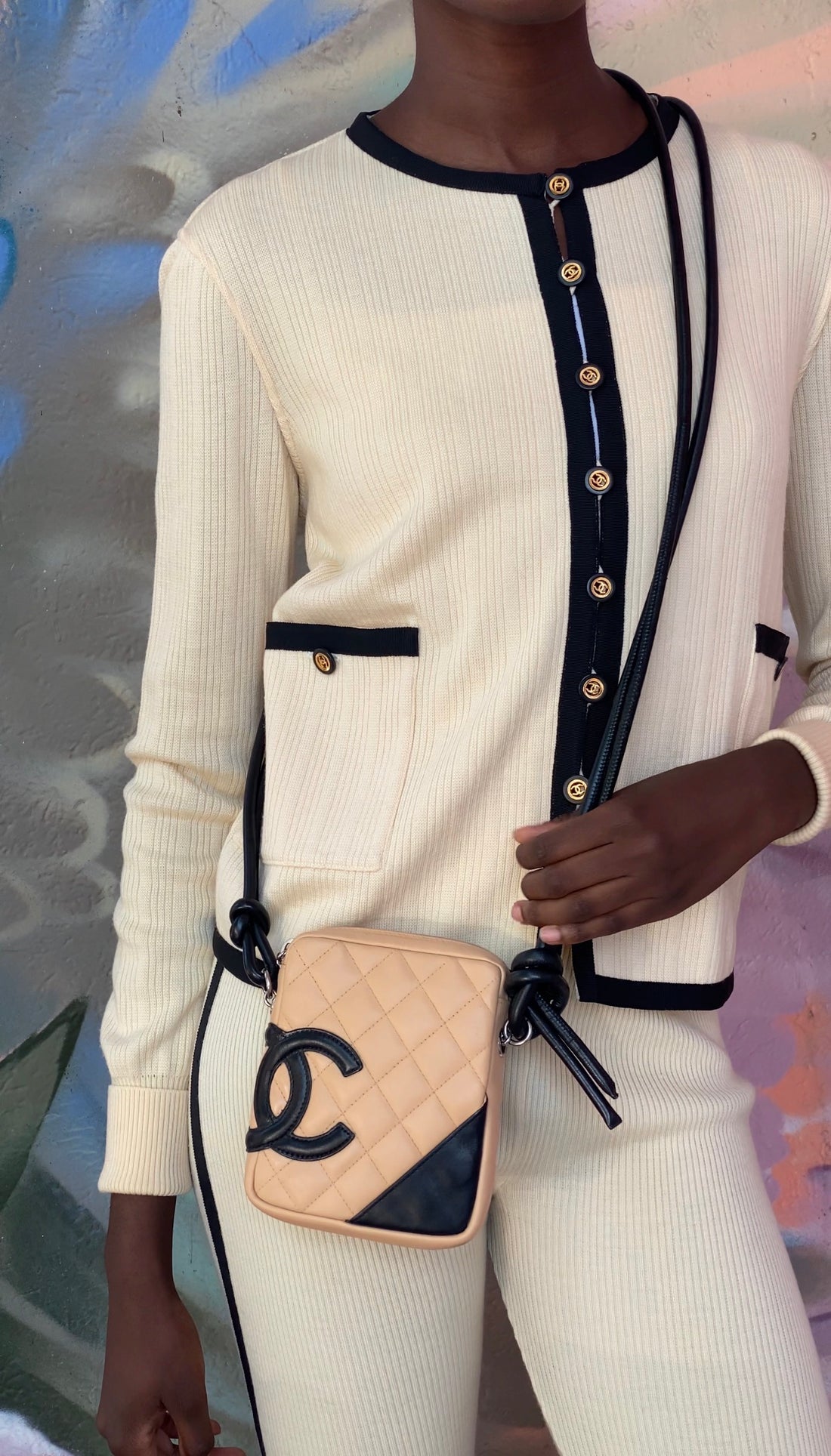 Chanel Beige Black Vintage 2002 Cambon CC Mini Crossbody Messenger Bag