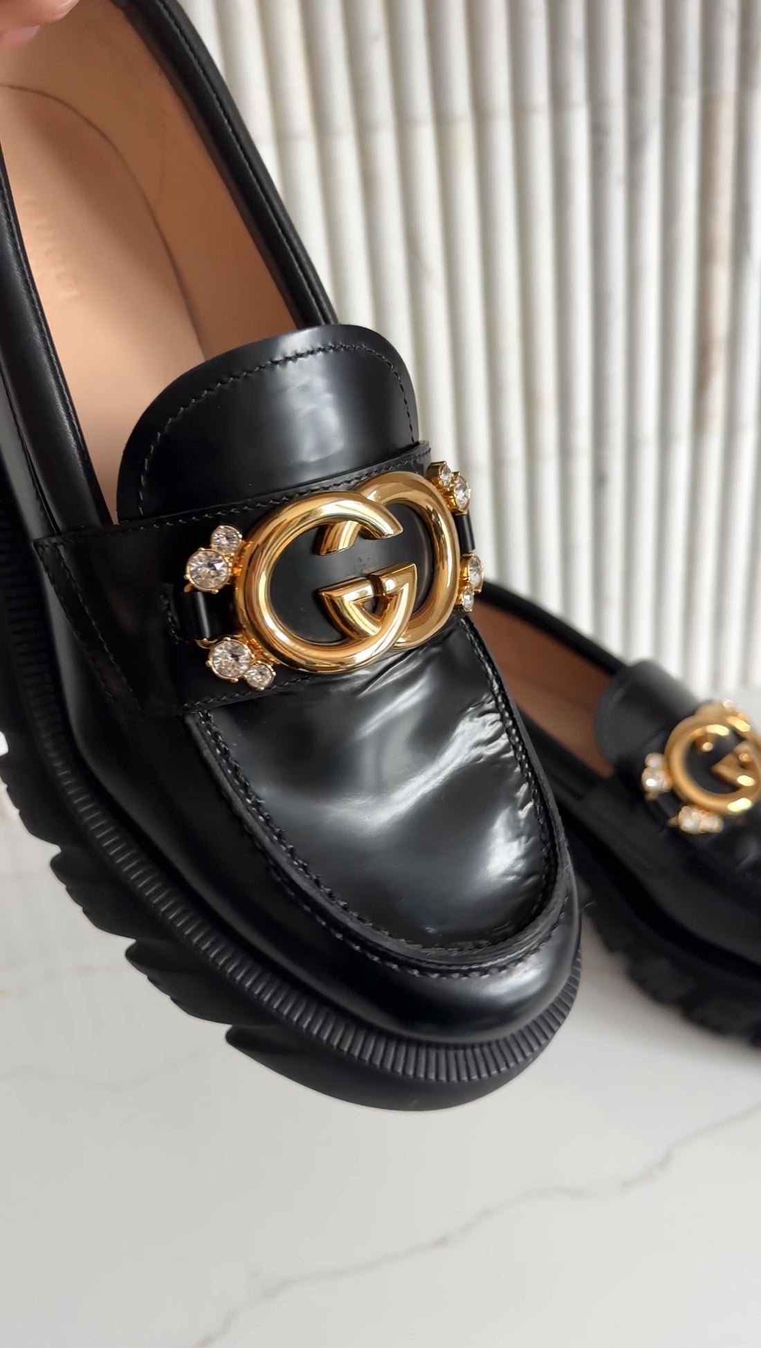 Gucci Black Leather Interlocking GG Jewel Loafers - 39.5