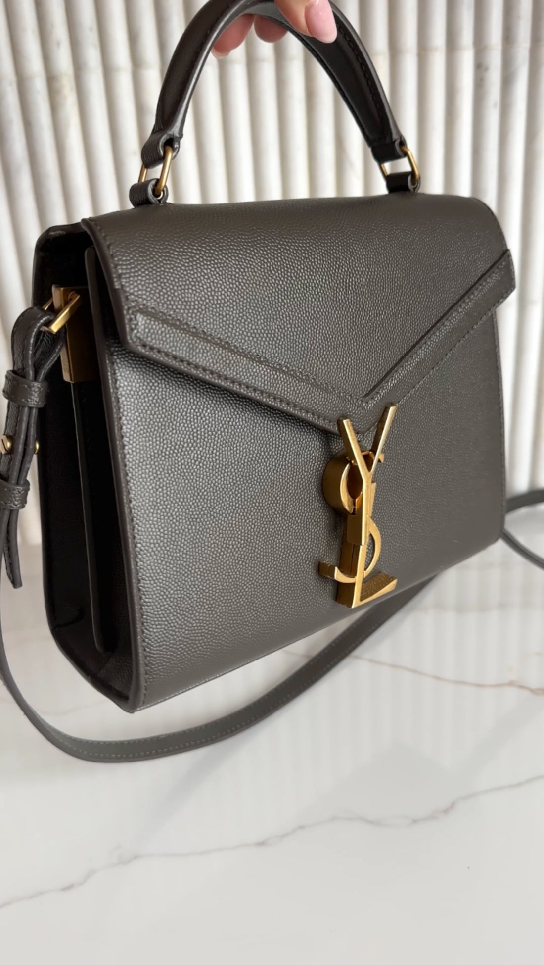 Saint Laurent Mini Cassandra Slate Grey Leather Top Handle Bag