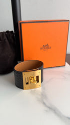 Hermes Black Shiny Alligator Kelly Dog Cuff Bracelet GHW