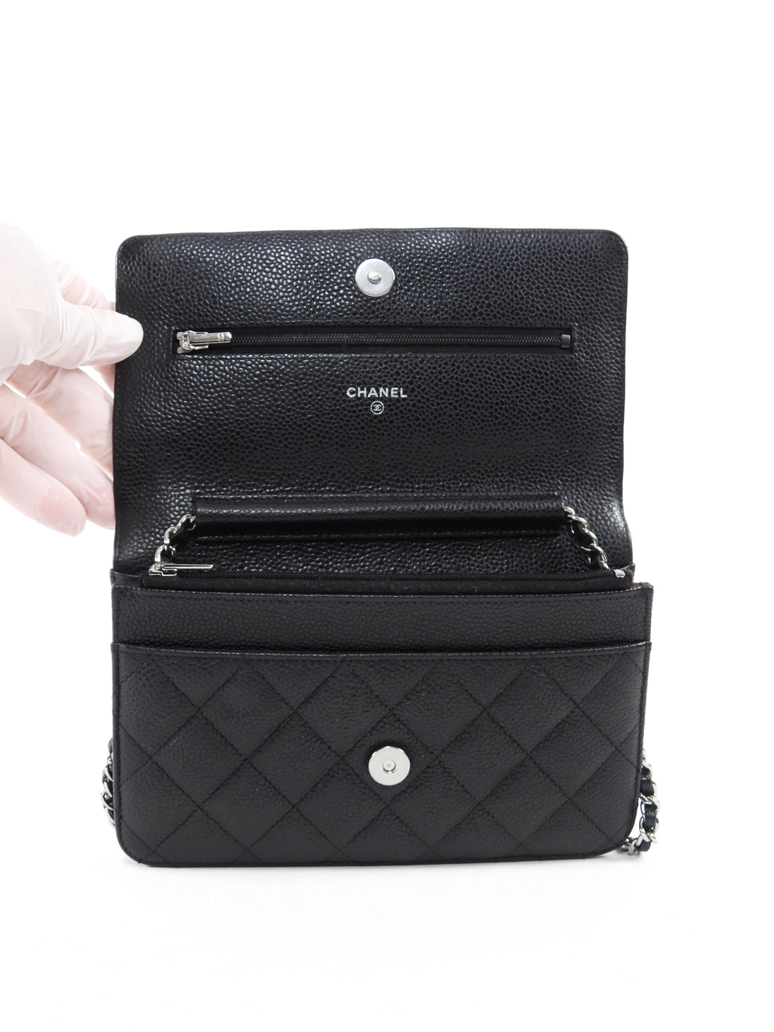 Chanel Black Black Caviar Leather CC Classic Wallet on Chain SHW