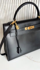 Hermes Vintage 1979 Black Box Calf Leather Sellier Kelly 32 Bag