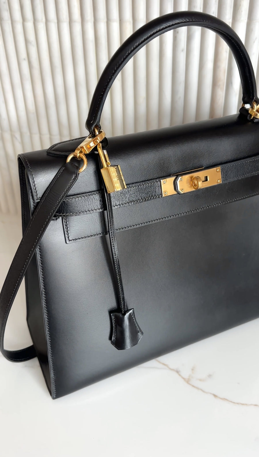 Hermes Vintage 1979 Black Box Calf Leather Sellier Kelly 32 Bag