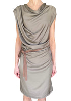 Brunello Cucinelli Taupe Silk Belted Draped Midi Dress - IT 46 / US 10