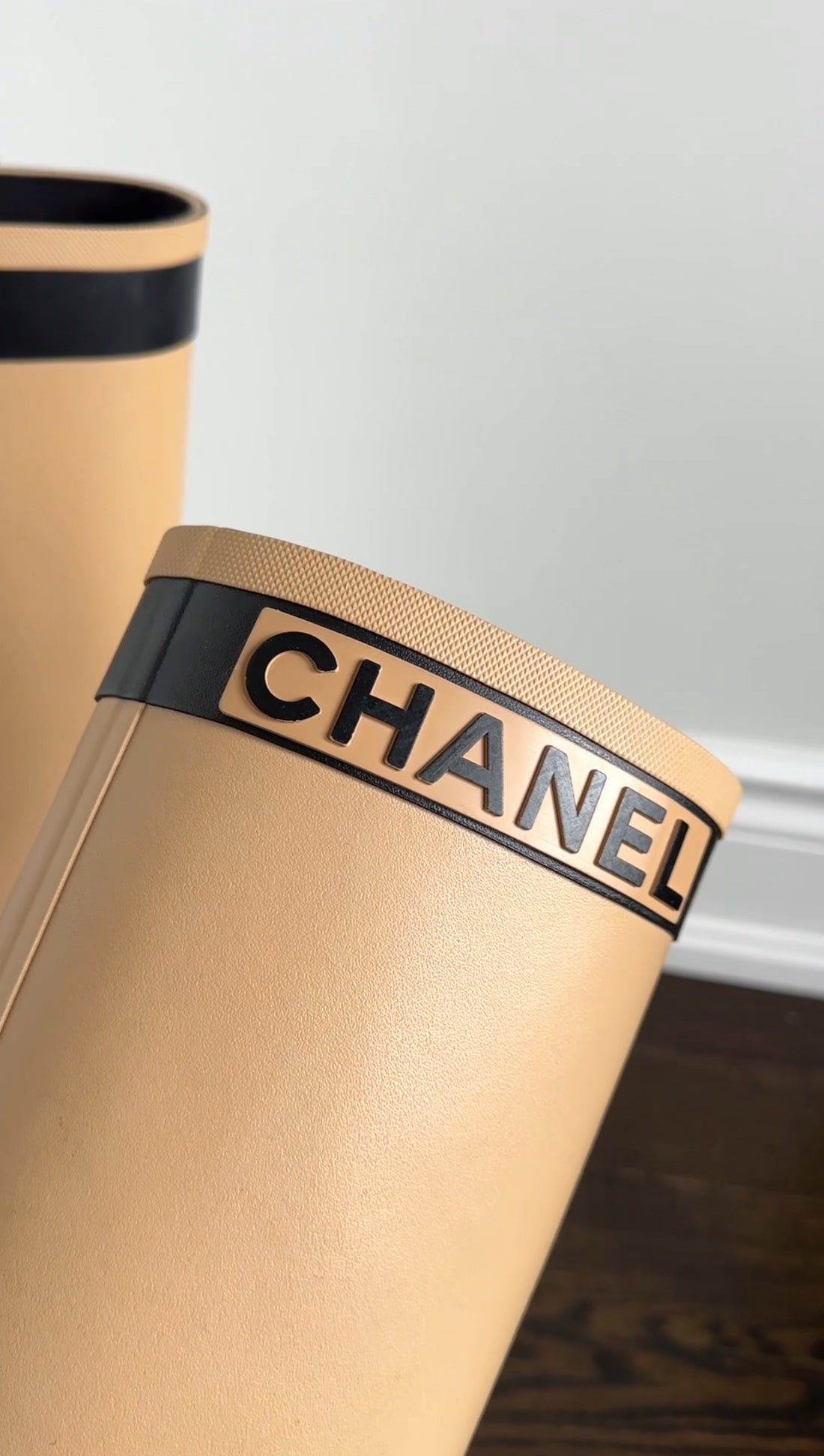 Chanel Beige and Black Tall Rubber Two-Tone Logo Rainboot - 37 / 6.5