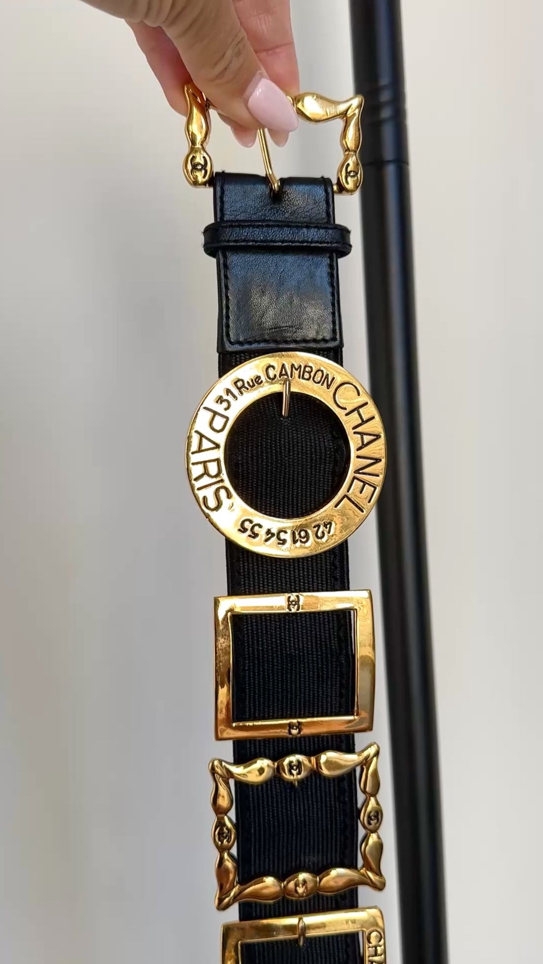 Chanel SS 1988 Vintage Black Leather Goldtone Multi Buckle Belt