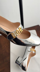 Christian Dior Silver Metallic Baby D Block Heel Mary Jane Shoes - 35.5