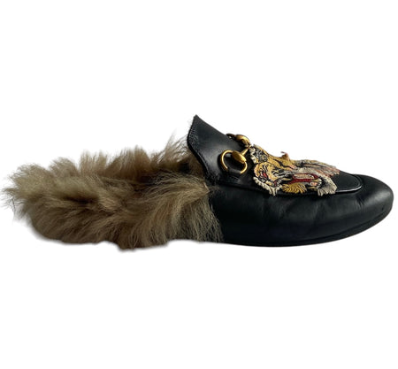 Gucci Black Horsebit Tiger Fur Mule - 36