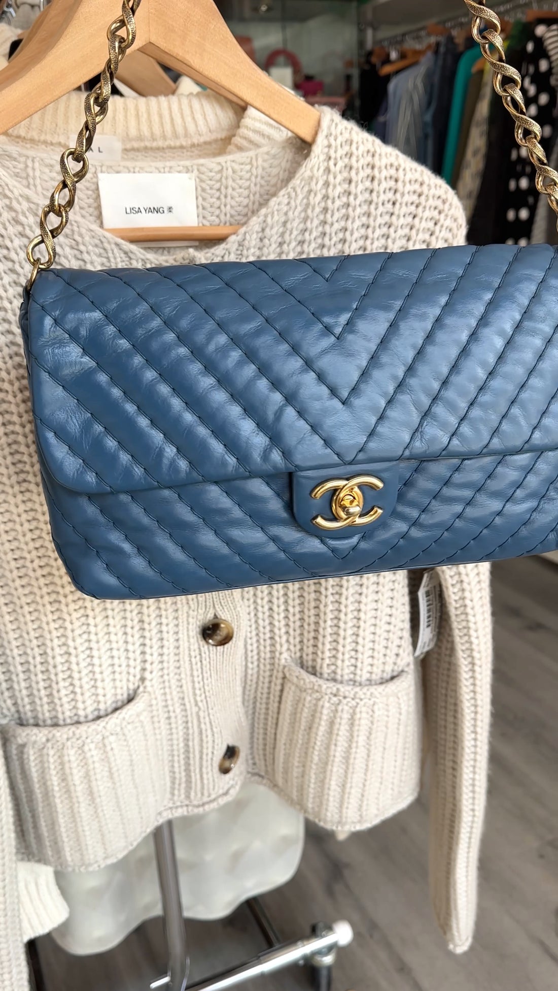 Chanel Blue Quilted Leather Chevron Flap Chain Bag