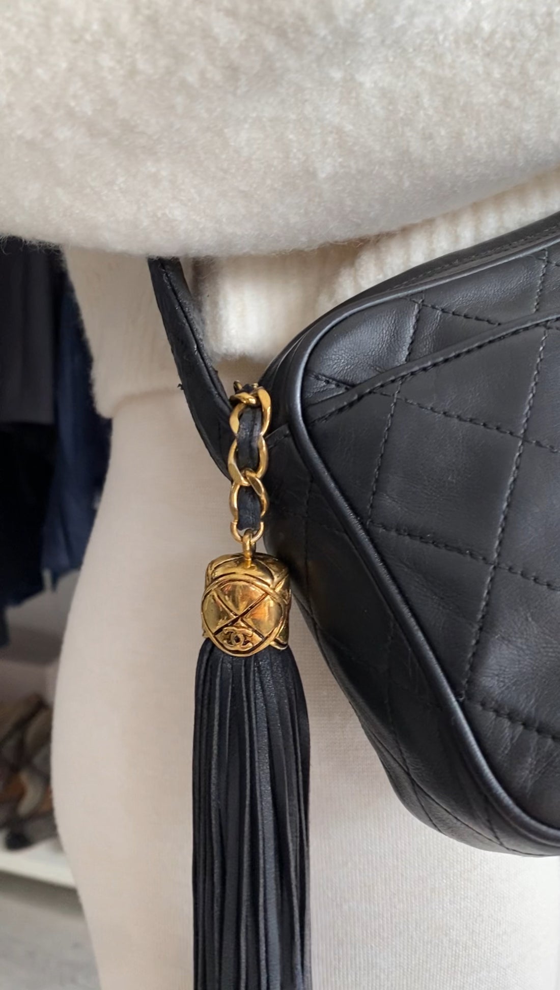 Chanel Vintage Black Quilted Leather Tassel Camera Bag