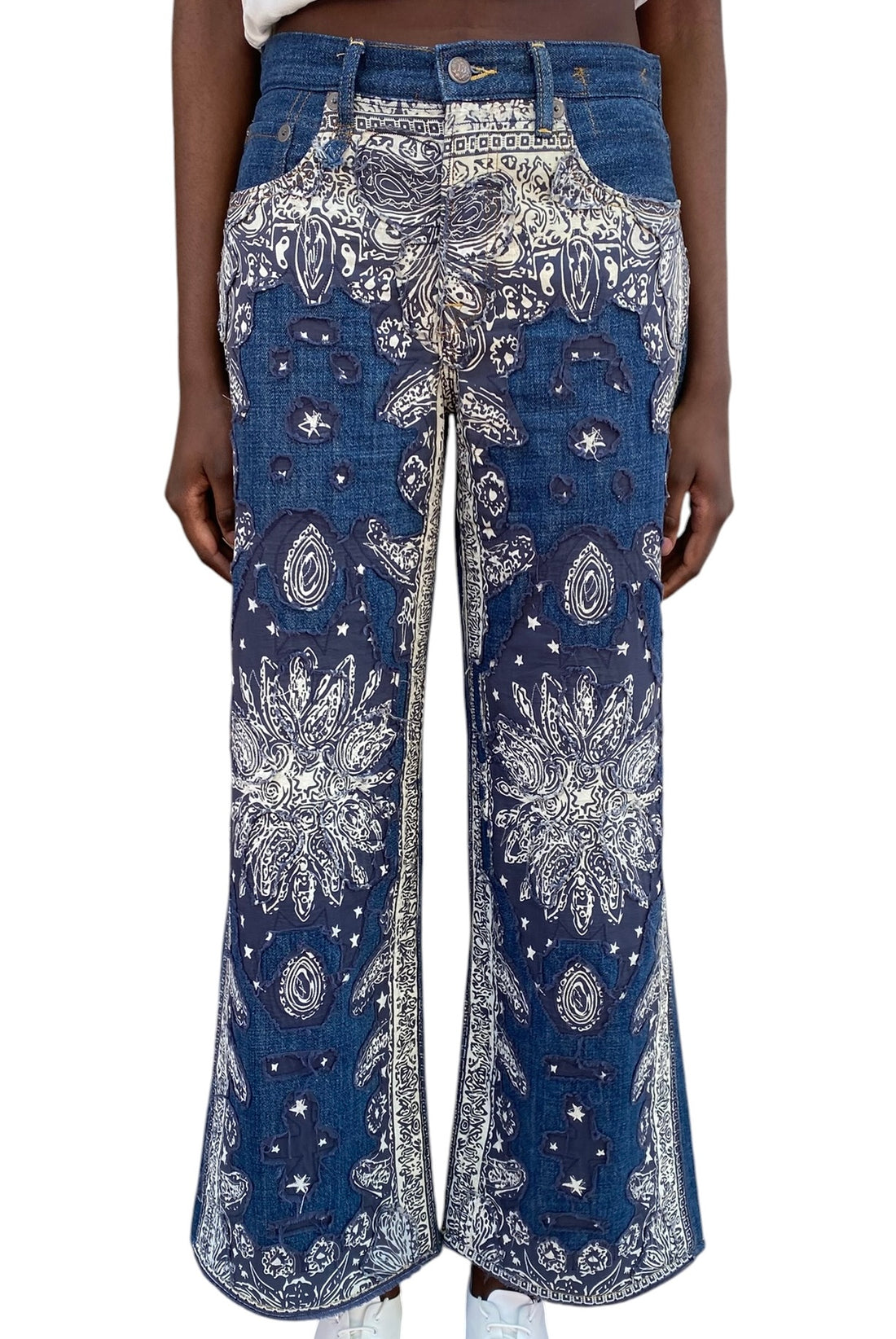 R13 Blue Ivory Bandana Patchwork “Darcy” Flare Denim - W25