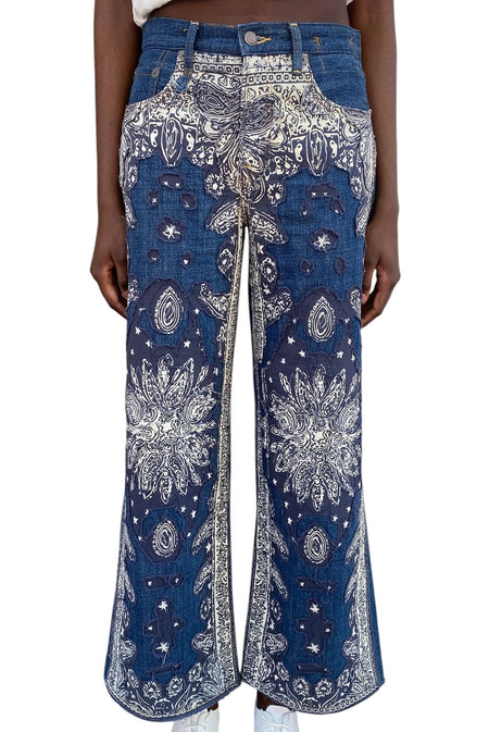 R13 Blue Ivory Bandana Patchwork “Darcy” Flare Denim - W25