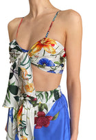 Oscar De La Renta Blue Silk Tie-Front Floral Printed 2-Piece Bralette Short Set - US 4