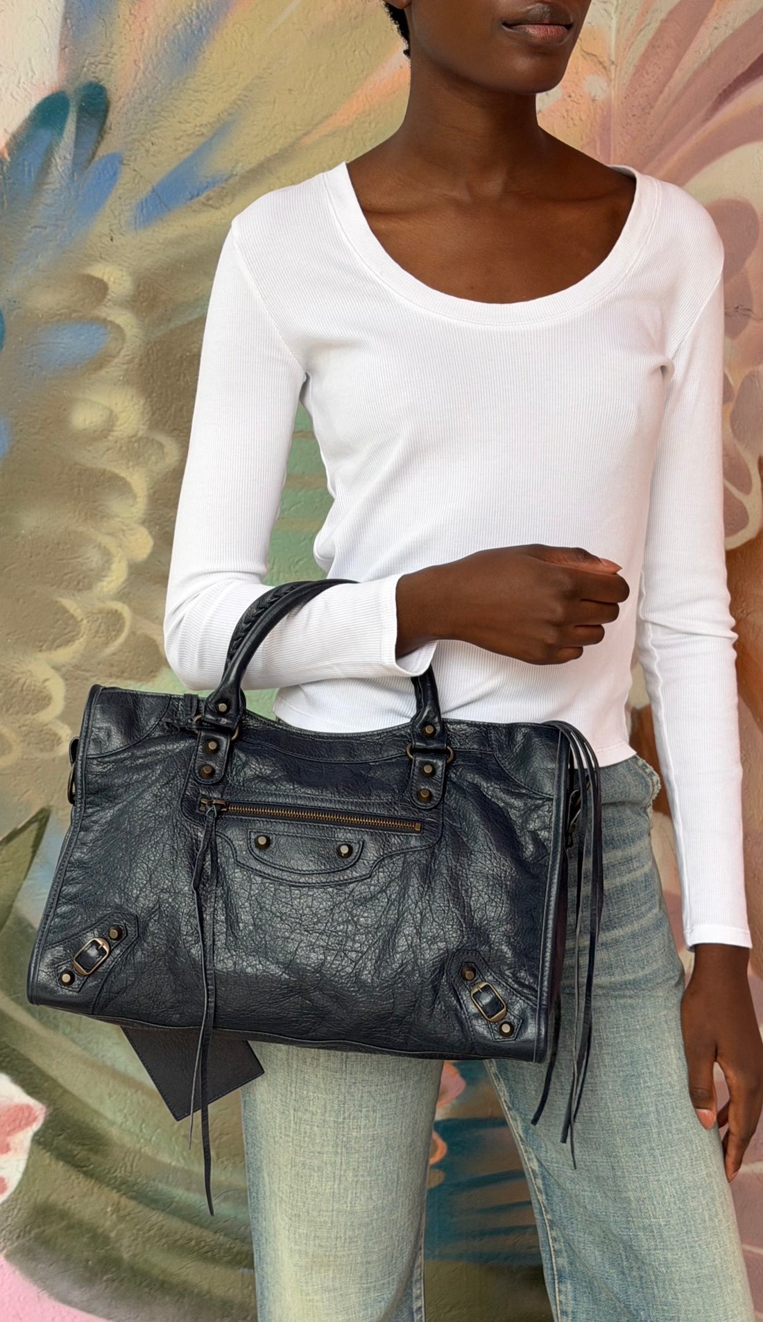 Balenciaga Navy Blue Lambskin Moto Classic City Bag