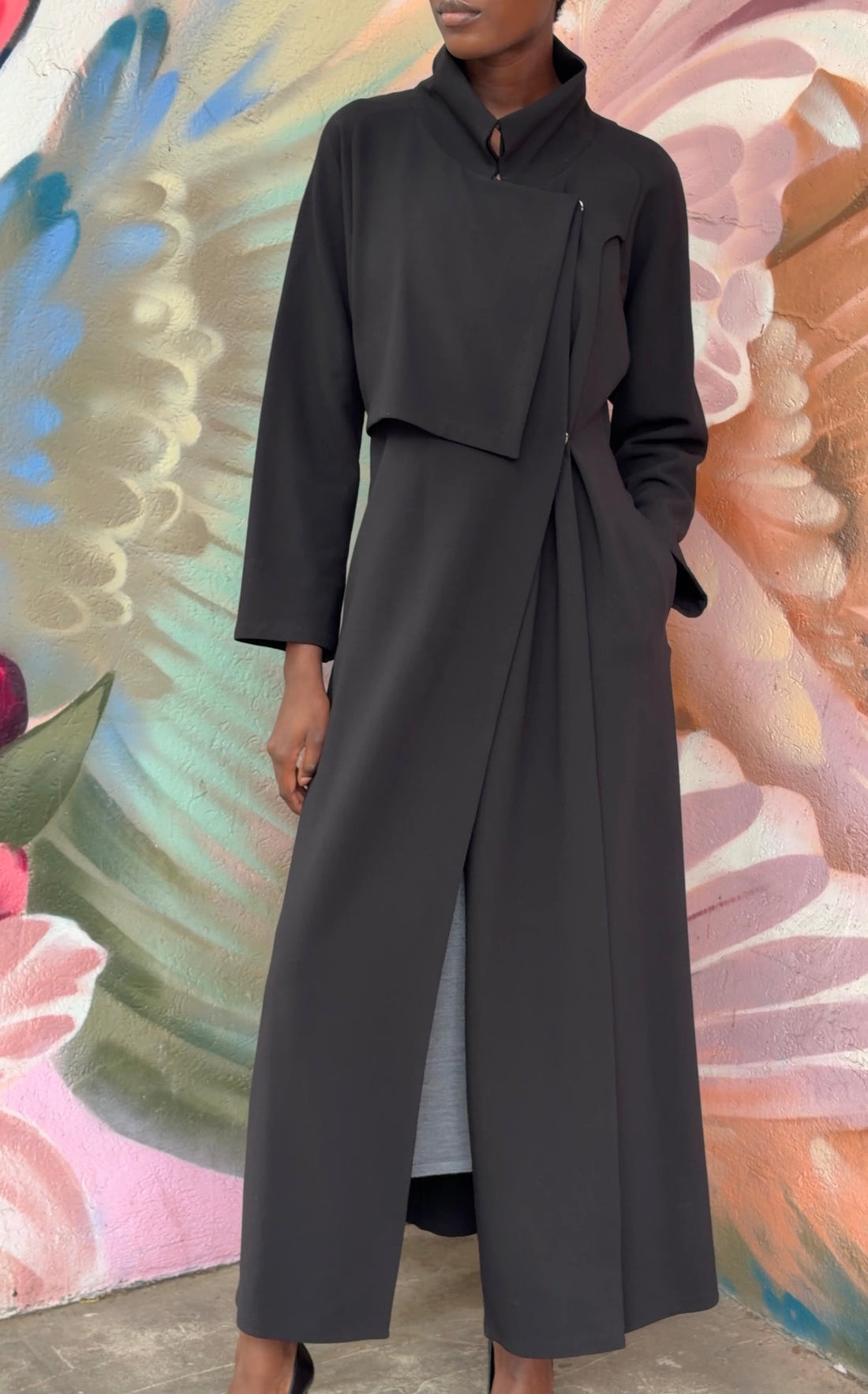 Giorgio Armani Black Crepe Wool Long Soft Trench - 42