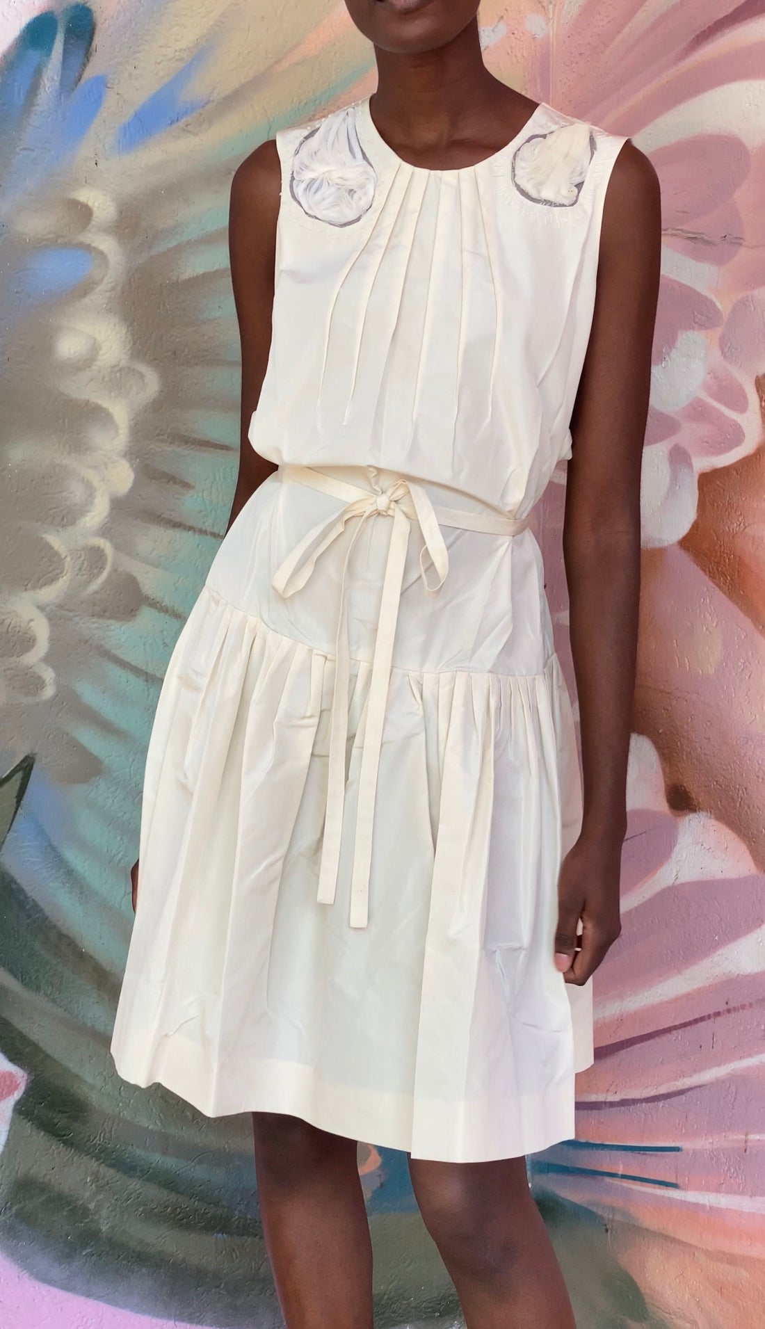 Saint Laurent Ivory 2009 Pleated Floral Rosette Dress - F38