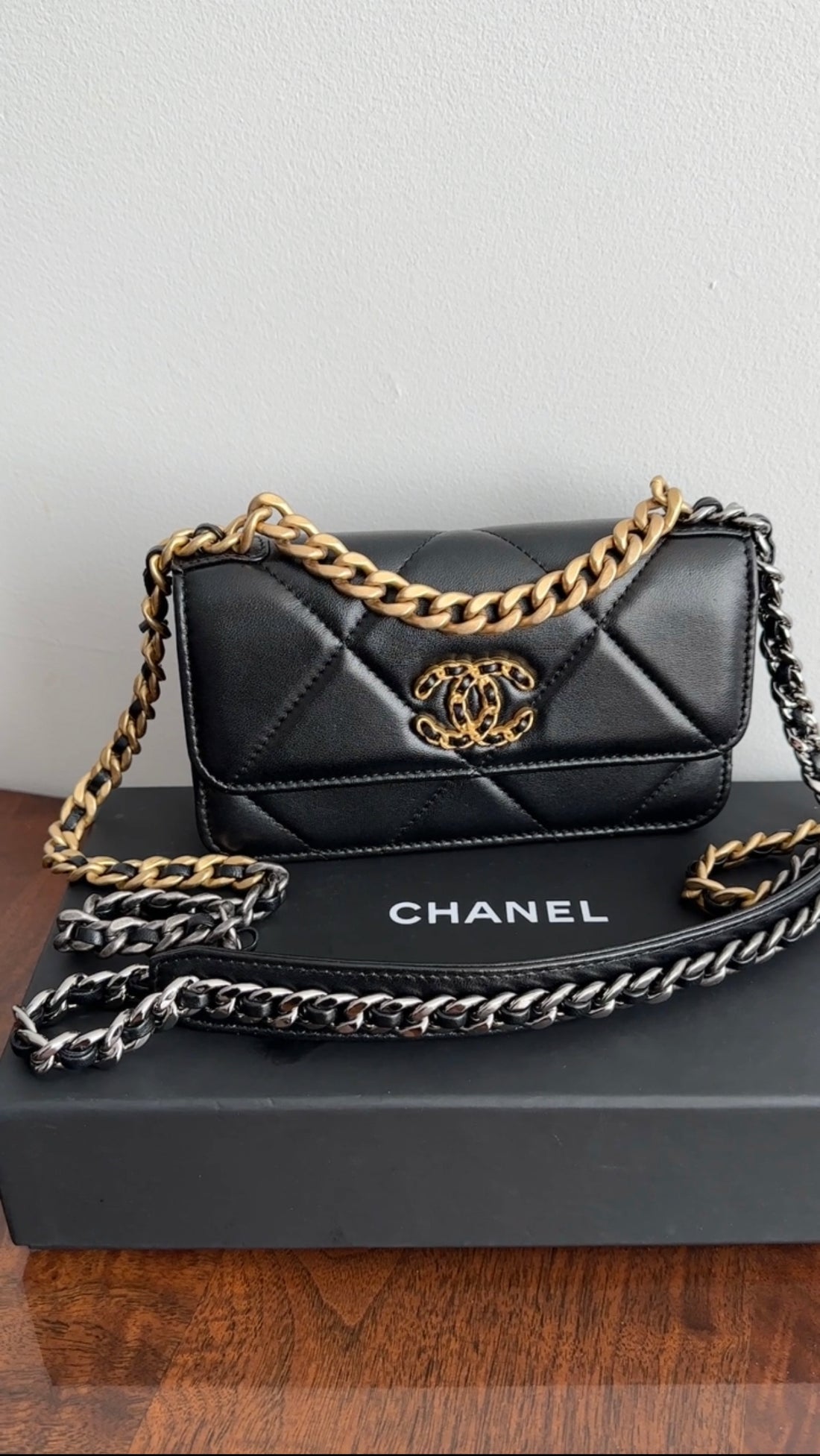 Chanel 19 Black Leather Lambskin Quilted Flap Phone Holder