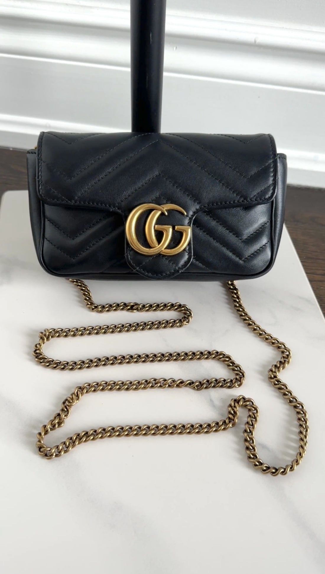 Gucci Black Quilted GG Marmont Mini Chain Shoulder Bag
