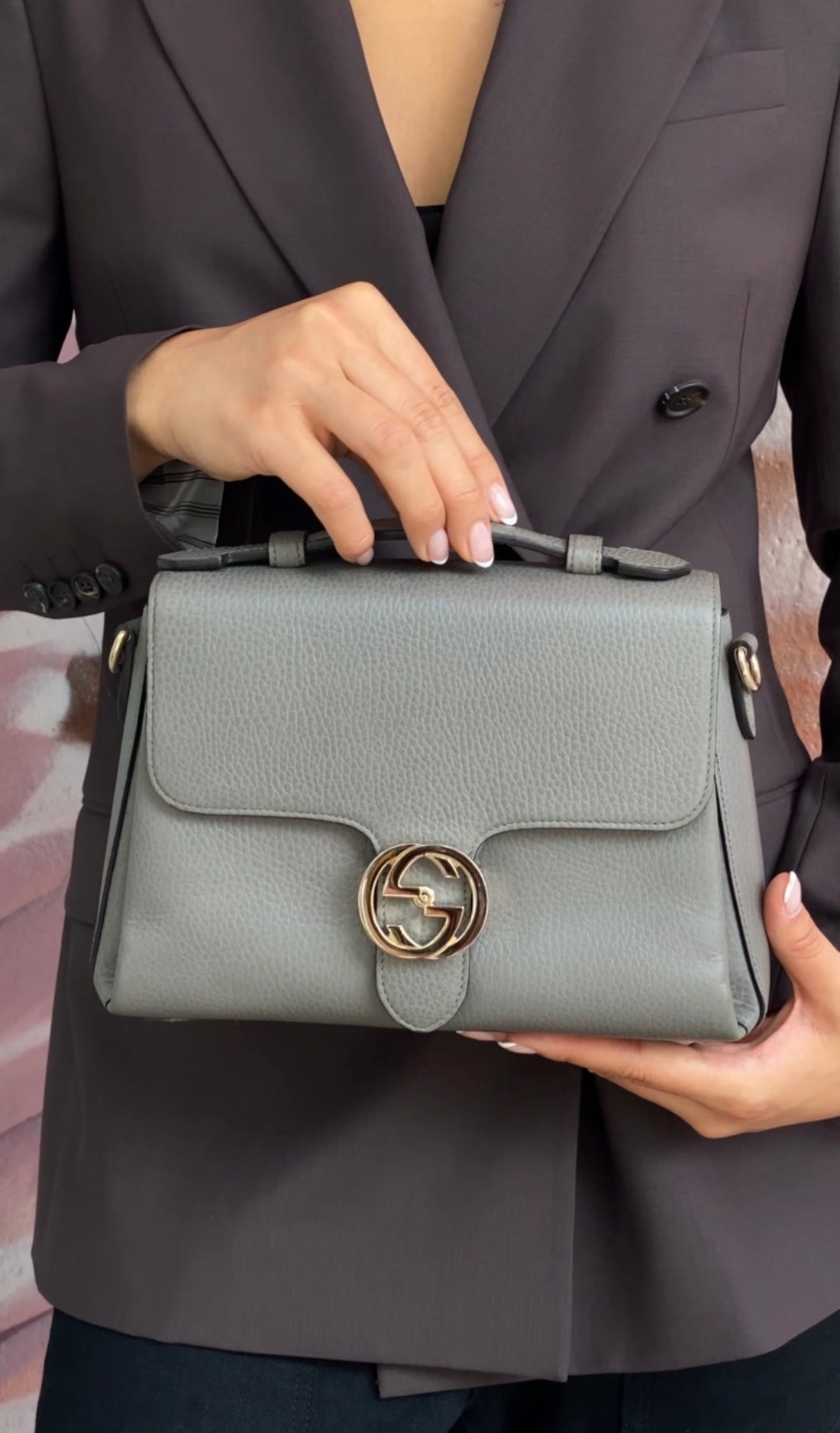 Gucci Grey Calfskin Dollar Interlocking GG Top Handle Chain Shoulder Bag
