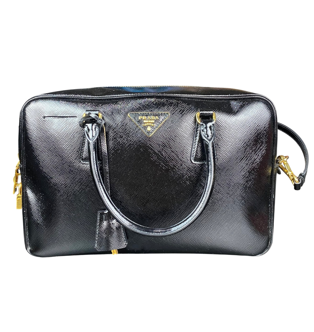 Prada Black Saffiano Vernice Bauletto Crossbody Bag