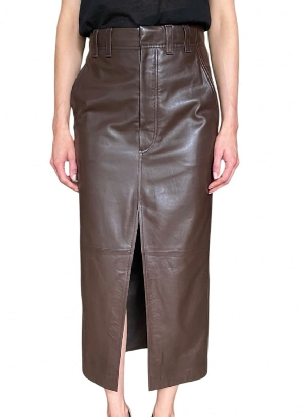 Brunello Cucinelli Chocolate Brown Lambskin Leather Midi Skirt - IT 40 / US 4