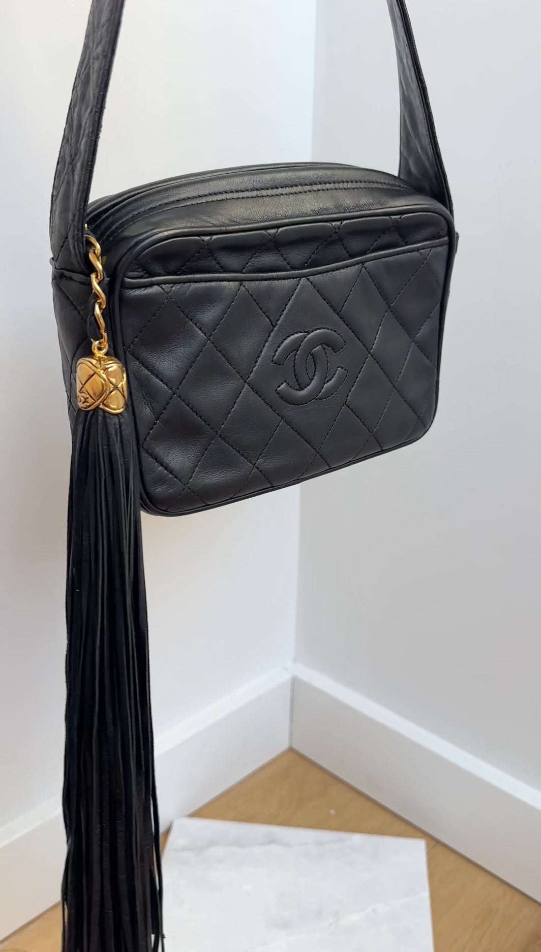 Chanel Vintage Black Quilted Leather Tassel Camera Bag