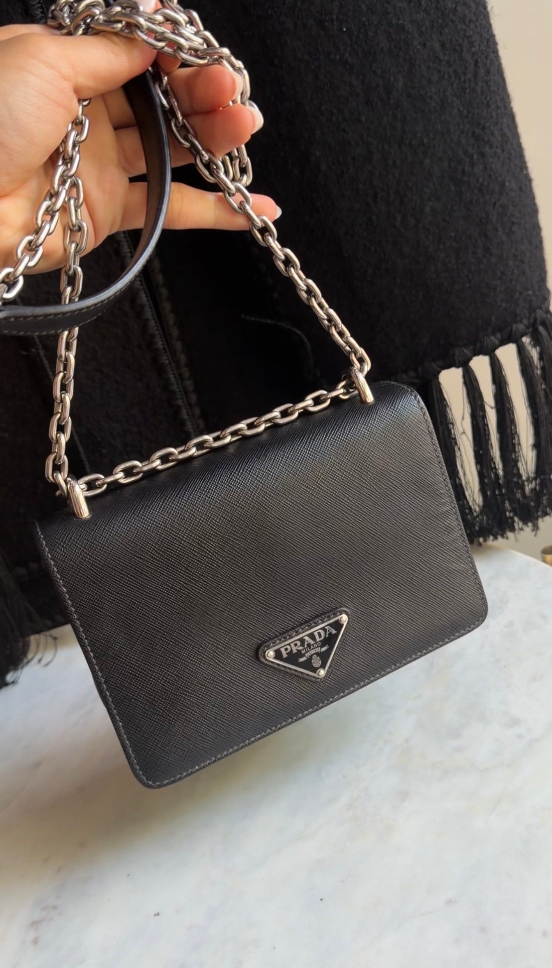 Prada Black Saffiano Leather and Nylon Tessuto Small Chain Bag