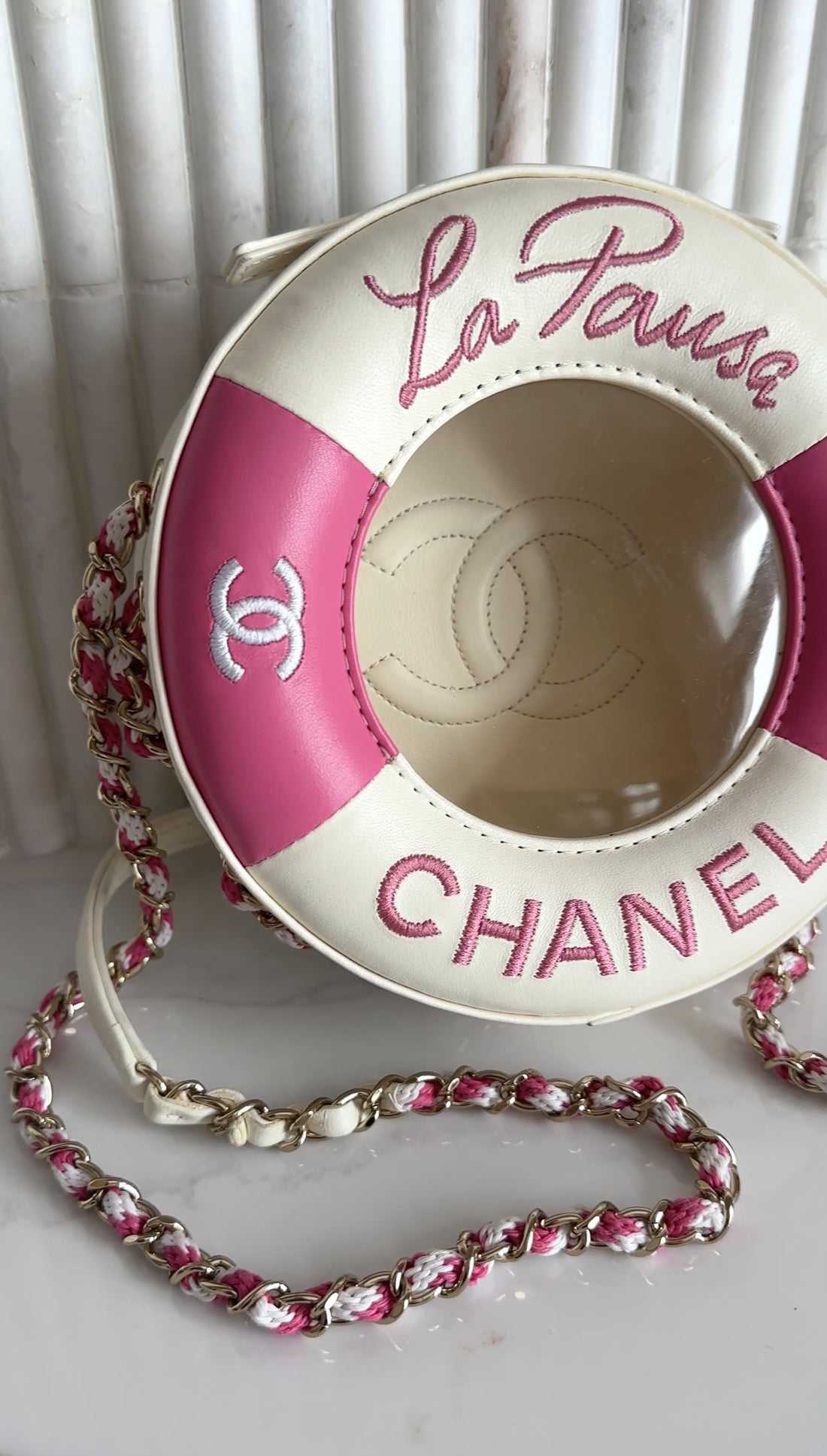 Chanel 2019 C Runway Pink and White La Pausa Lifesaver Round Bag