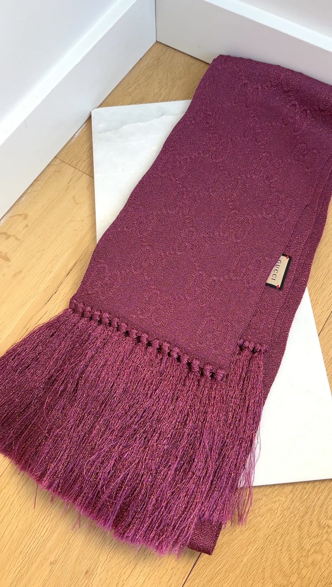 Gucci GG Monogram Pink Shimmer Fringe Long Scarf