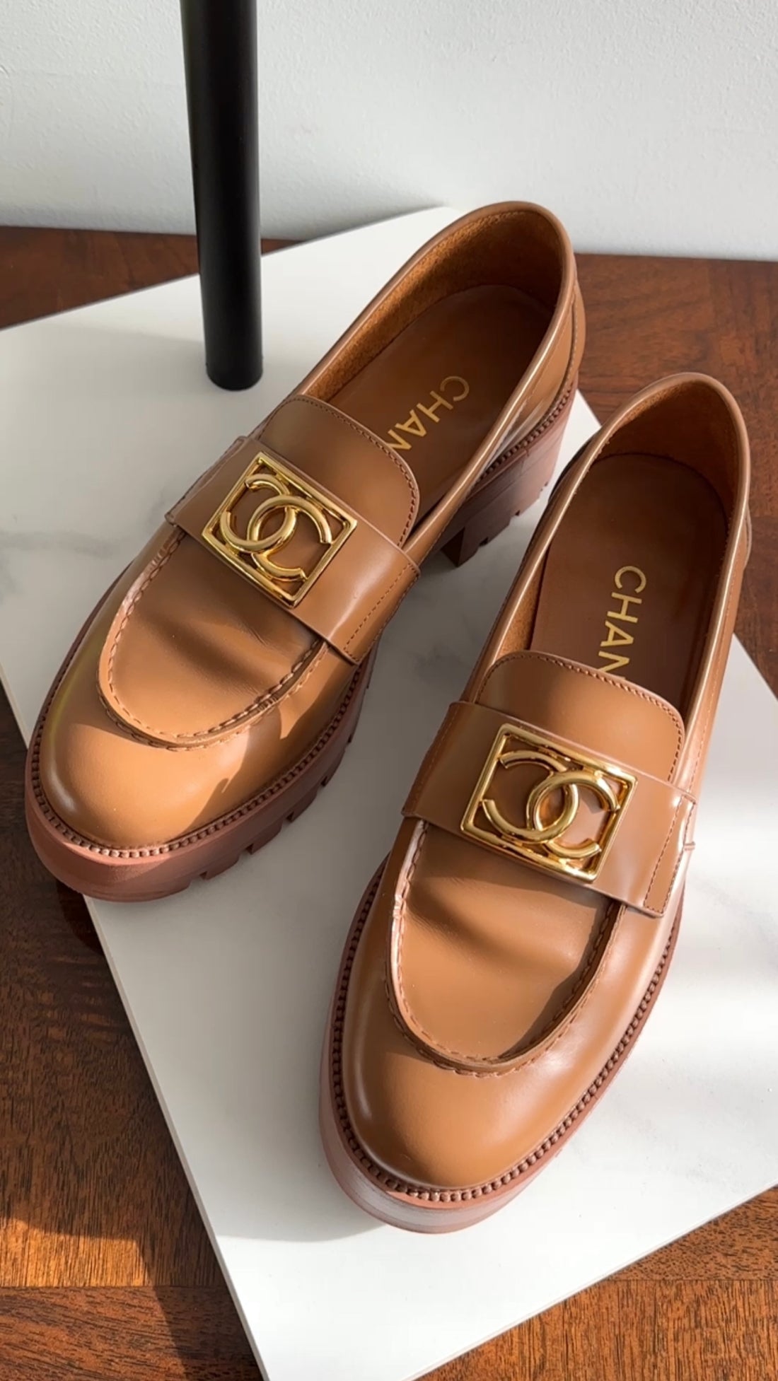 Chanel 2023 Tan Glossed Leather CC Tread Loafer - 37