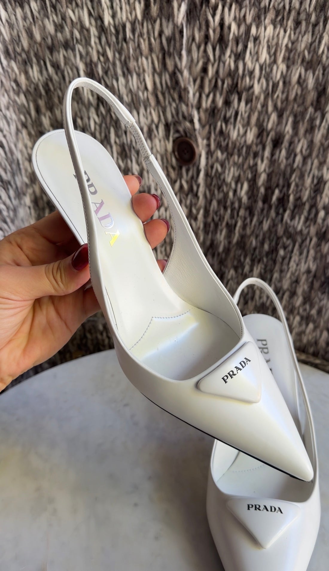 Prada White Brushed Leather Triangle Slingback Pumps - 38