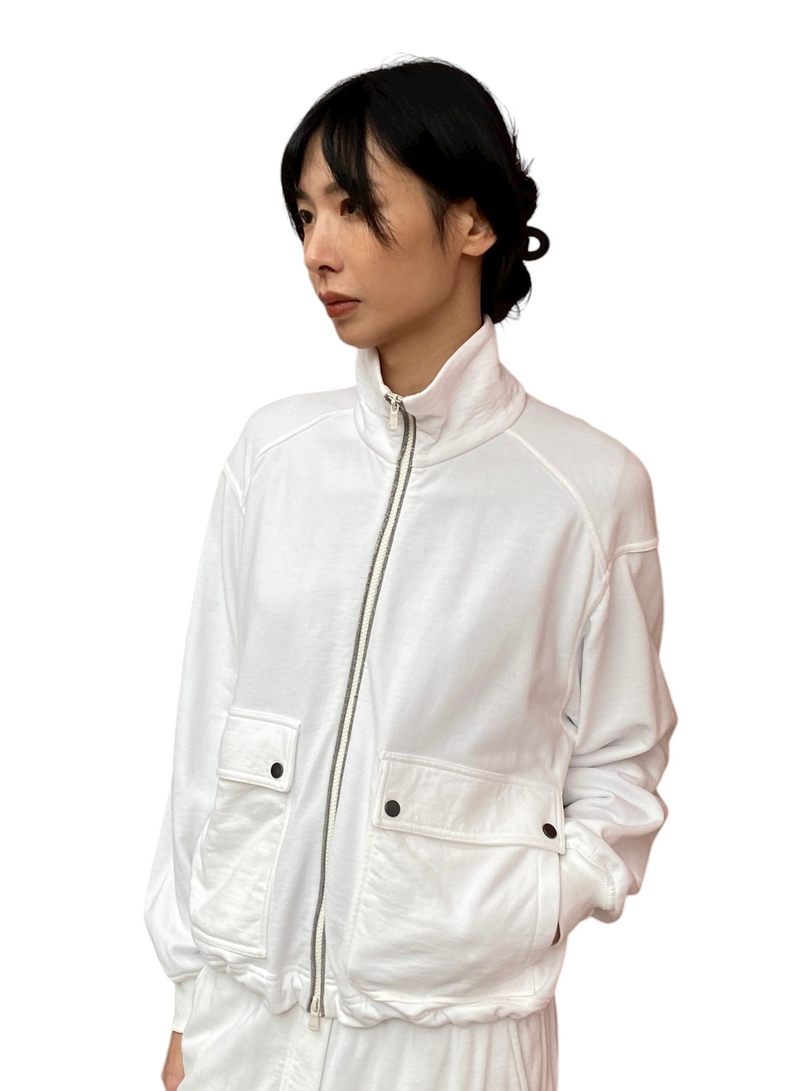 Brunello White Monili Embellished Zip Sweatshirt - M