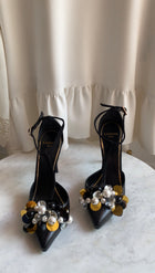 Lanvin Black Gold Leather Pearl Payette Beaded T-Strap Heels - 37